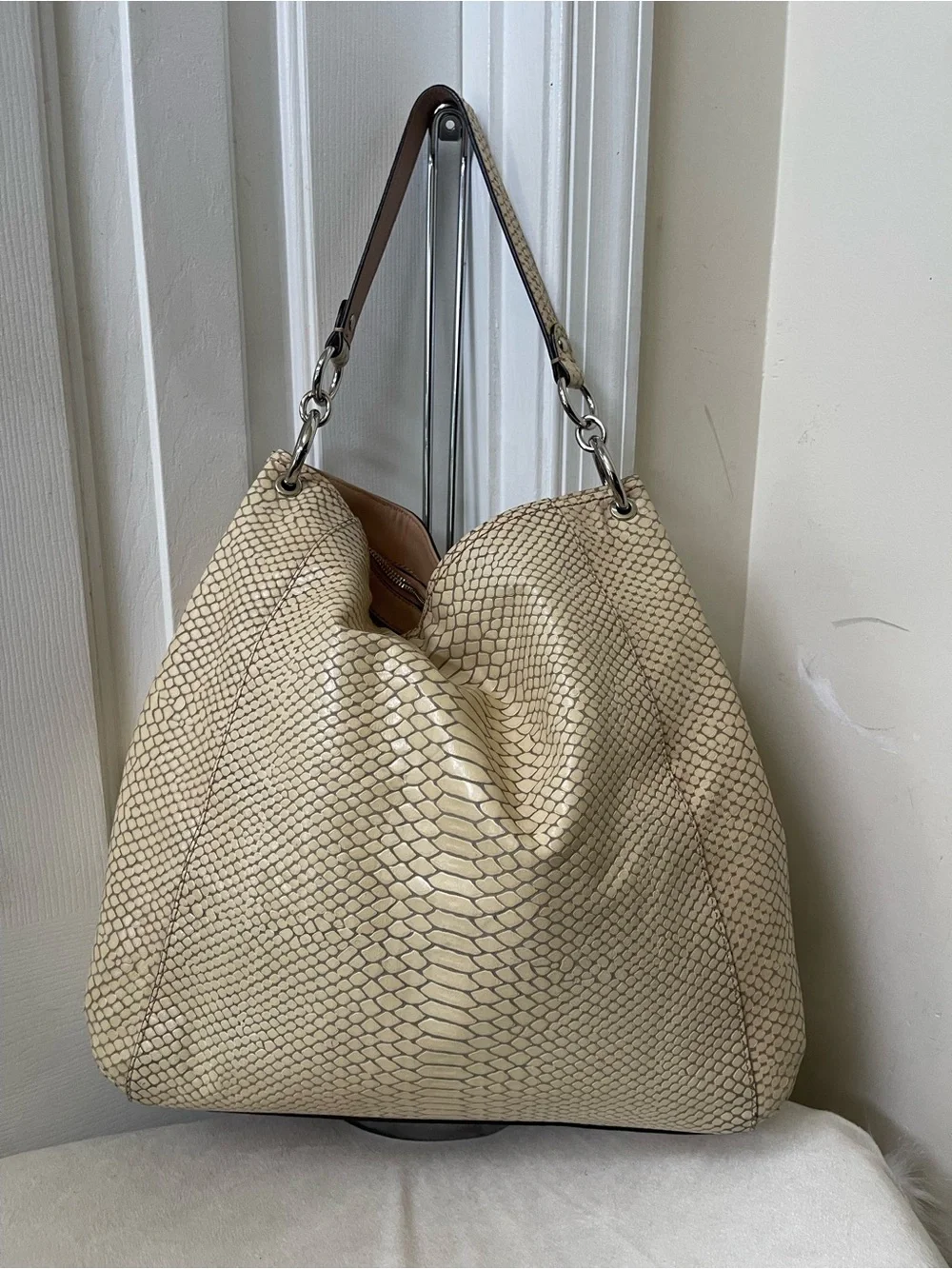 Coach Park Beige Snake-Embossed Hobo Bay with Tassel Charm